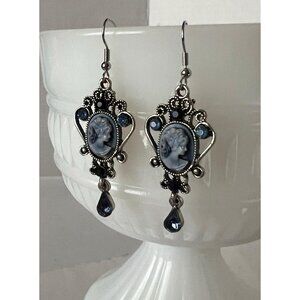 Vintage Style Blue Cameo Drop Earrings Silver Tone Filigree Teardrop Dangle